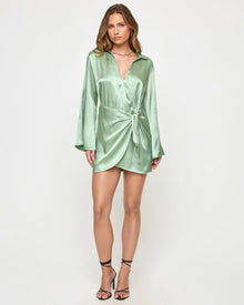 Celedon | Badge:New Arrival_#B2AC88_#ffffff' Green satin mini wrap dress