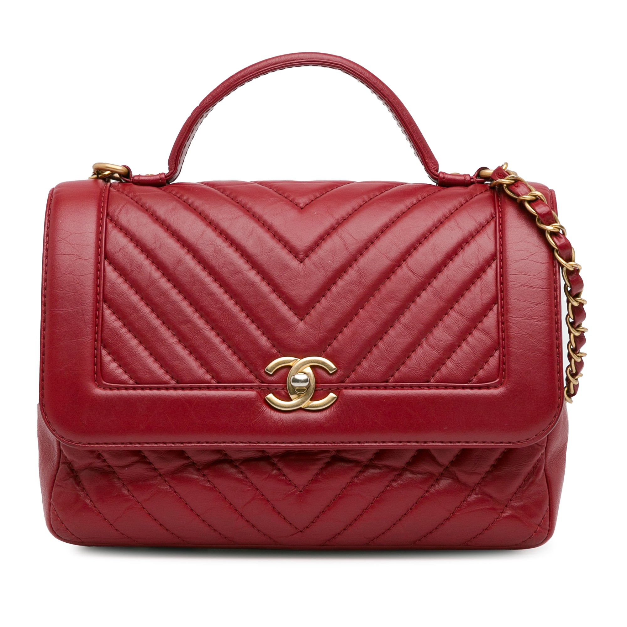 Chanel | Pre-Owned CC Chevron Calfskin Top Handle Flap | Red