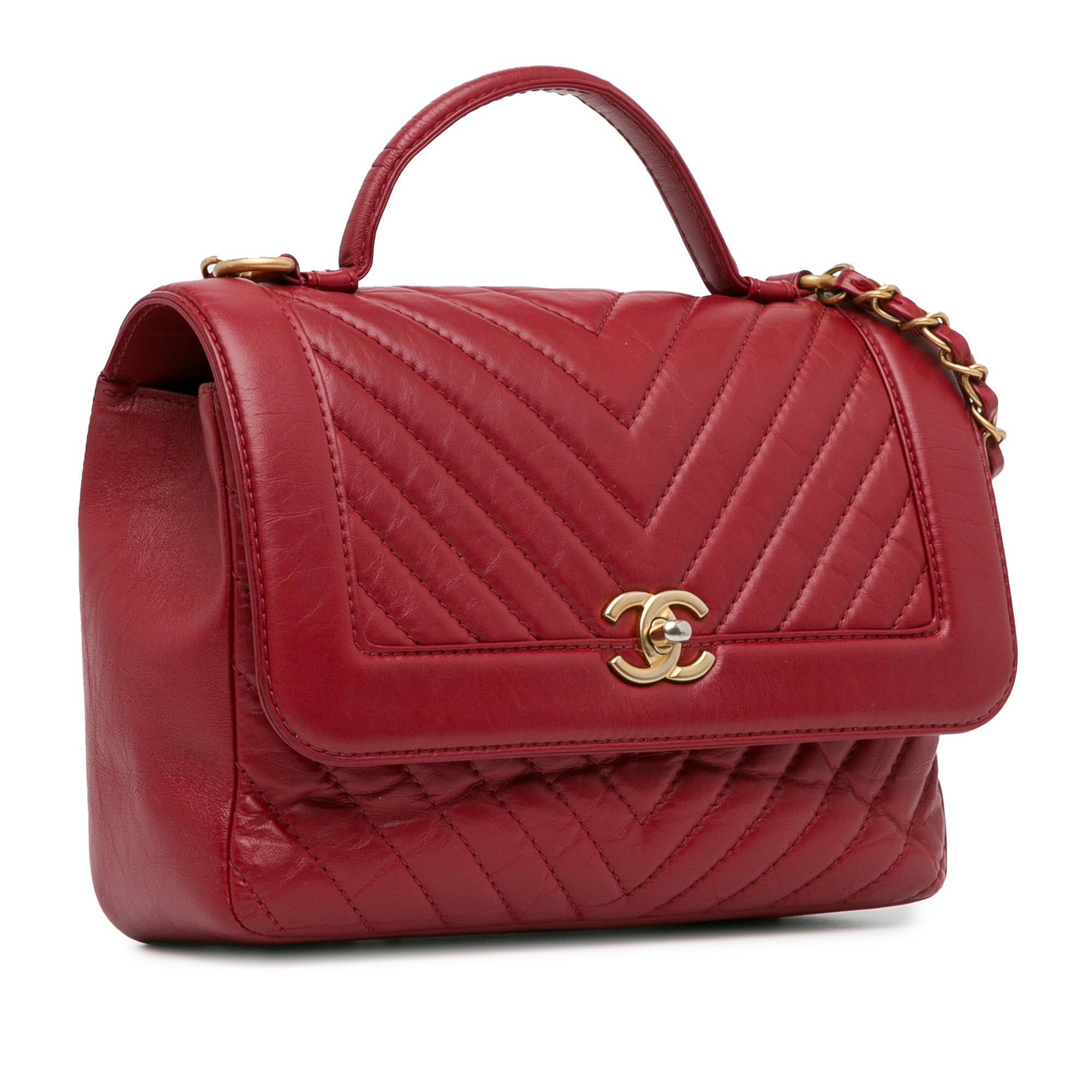Chanel | Pre-Owned CC Chevron Calfskin Top Handle Flap | Red