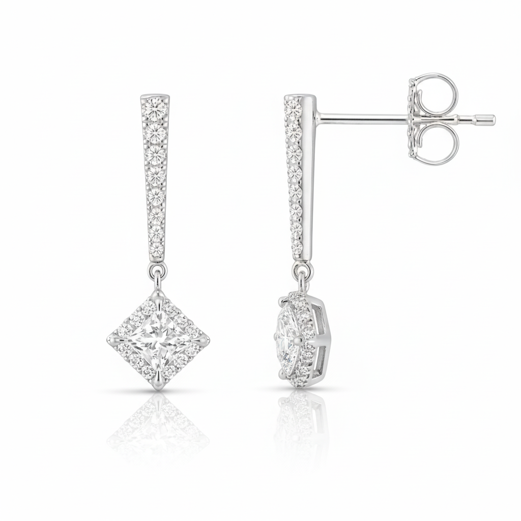 0.70 CT Princess/Round Lab-Grown Diamond | Drop Earrings | 14K White Gold | F Color | VS Clarity