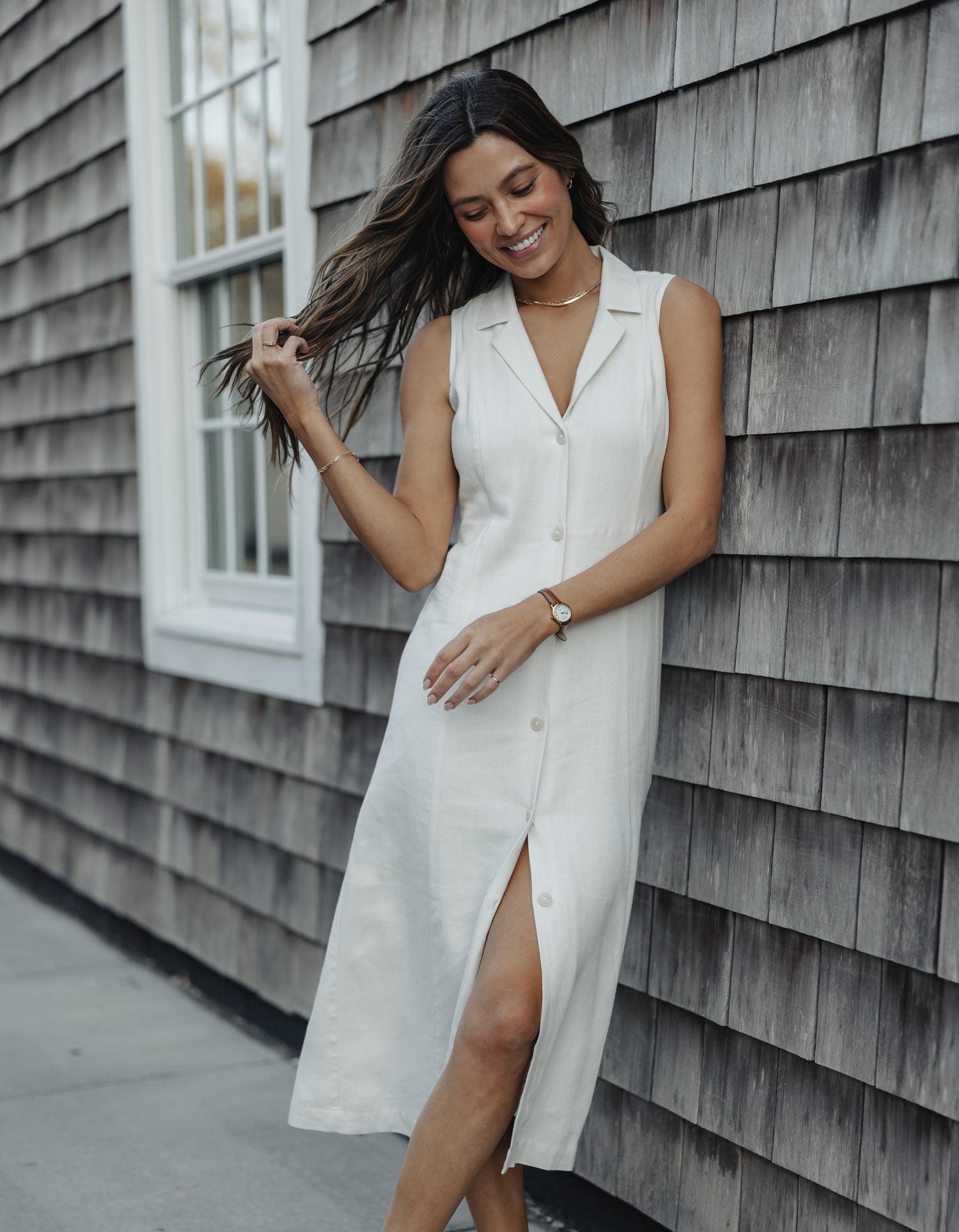 Women | Leukos Linen-Blend Lapel Dress | Ivory