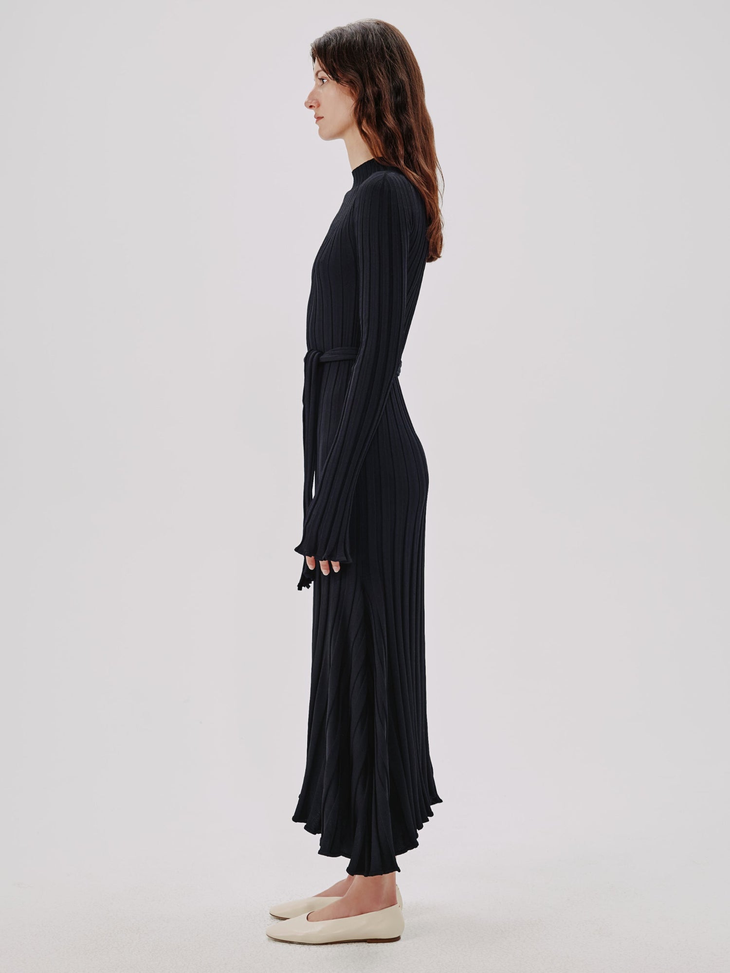 Another Tomorrow Long Sleeve Rib Flare Dress in Black – Viscose Women's Dress