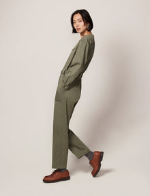 Another Tomorrow Collarless Jumpsuit in Olive Green – Cotton Women's Jumpsuit