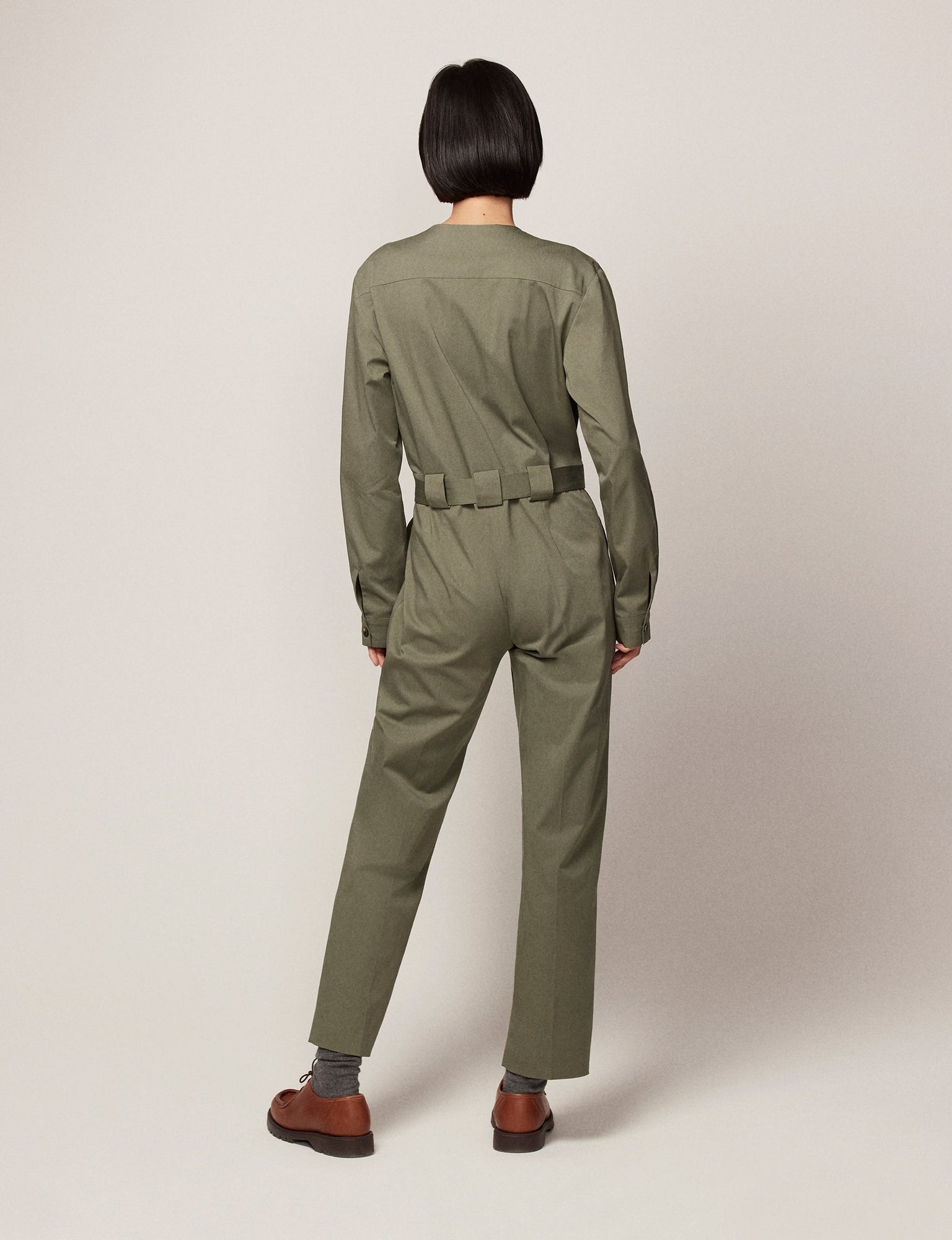 Another Tomorrow Collarless Jumpsuit in Olive Green – Cotton Women's Jumpsuit