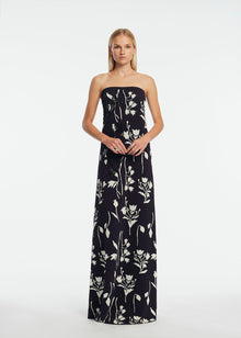 Floral Jacquard Knit Beaded Strapless Dress | Navy/Cream