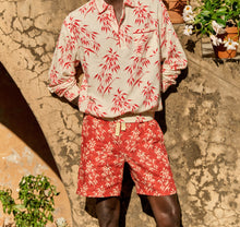 Lakewood Easy Fit Classic Collar Long-Sleeve Bamboo Print Linen Overhead Shirt | White Sand/Summer Red