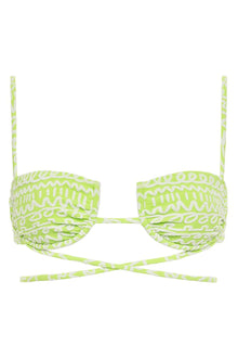 Lime green and white patterned bikini top with ruched cups, thin shoulder straps, and crossover back ties.