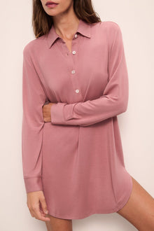 Model wears Gisele TENCEL Modal Boyfriend Sleepshirt in Old Rose.