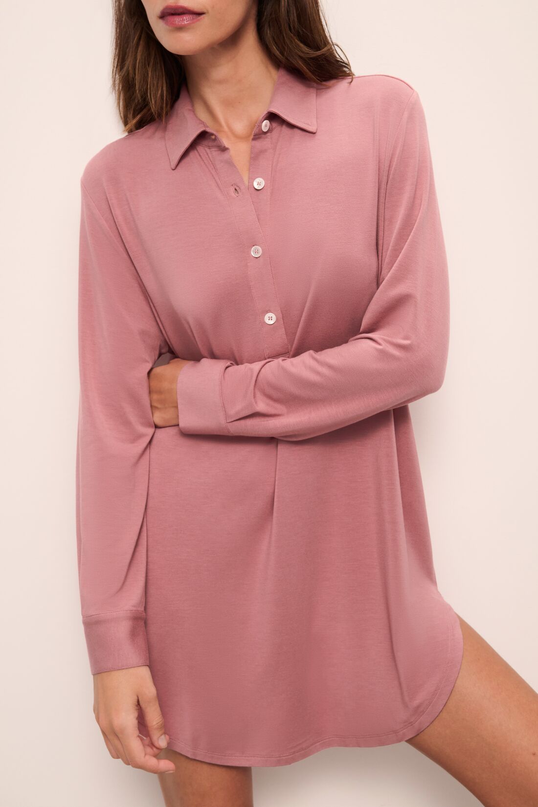 Model wears Gisele TENCEL Modal Boyfriend Sleepshirt in Old Rose.