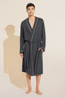 Model wears William TENCEL Modal Robe in Charcoal Heather/Ivory.