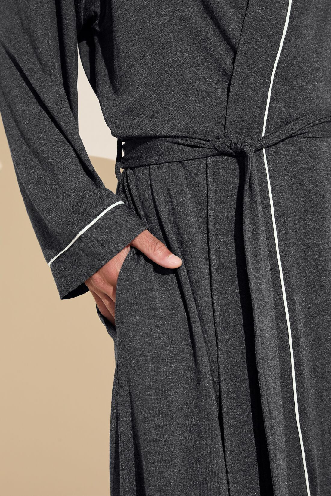 Model wears William TENCEL Modal Robe in Charcoal Heather/Ivory.