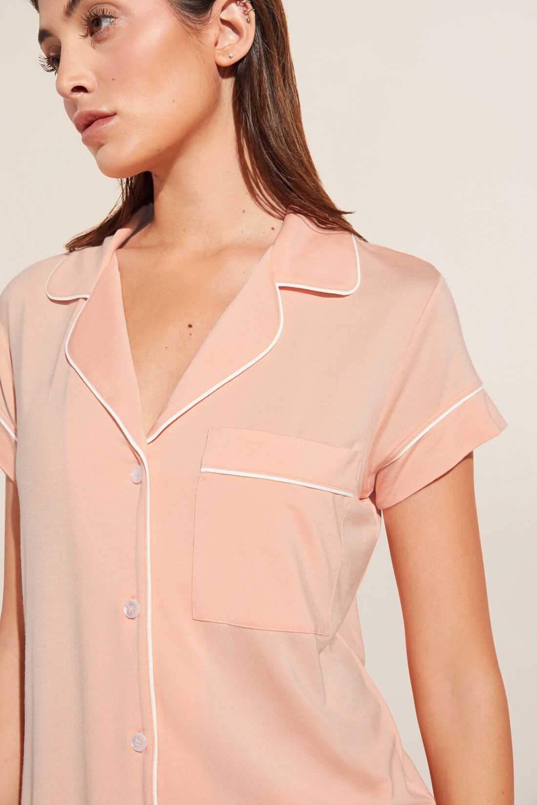 Model wears Model wears Gisele TENCEL Modal Shortie Short PJ Set in peach parfait/ivory.