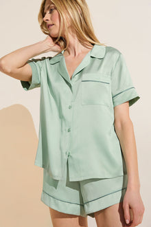 Model wears Inez Washable Silk Short PJ Set in Surf Spray/Agave.