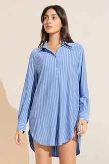 Model wears Gisele Printed TENCEL Modal Boyfriend Sleepshirt in Nordic Stripe Vista Blue.