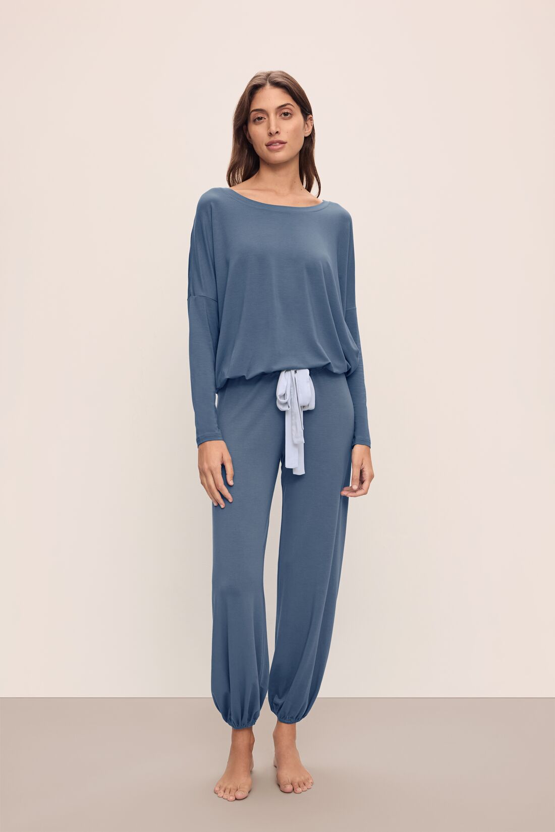 Model wears Gisele TENCEL Modal Slouchy PJ Set in Coastal Blue/Ice Blue.