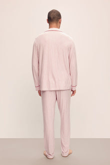 Model wears William Printed TENCEL Modal Long PJ Set in Duo Stripe Haute Red/Haute Red.