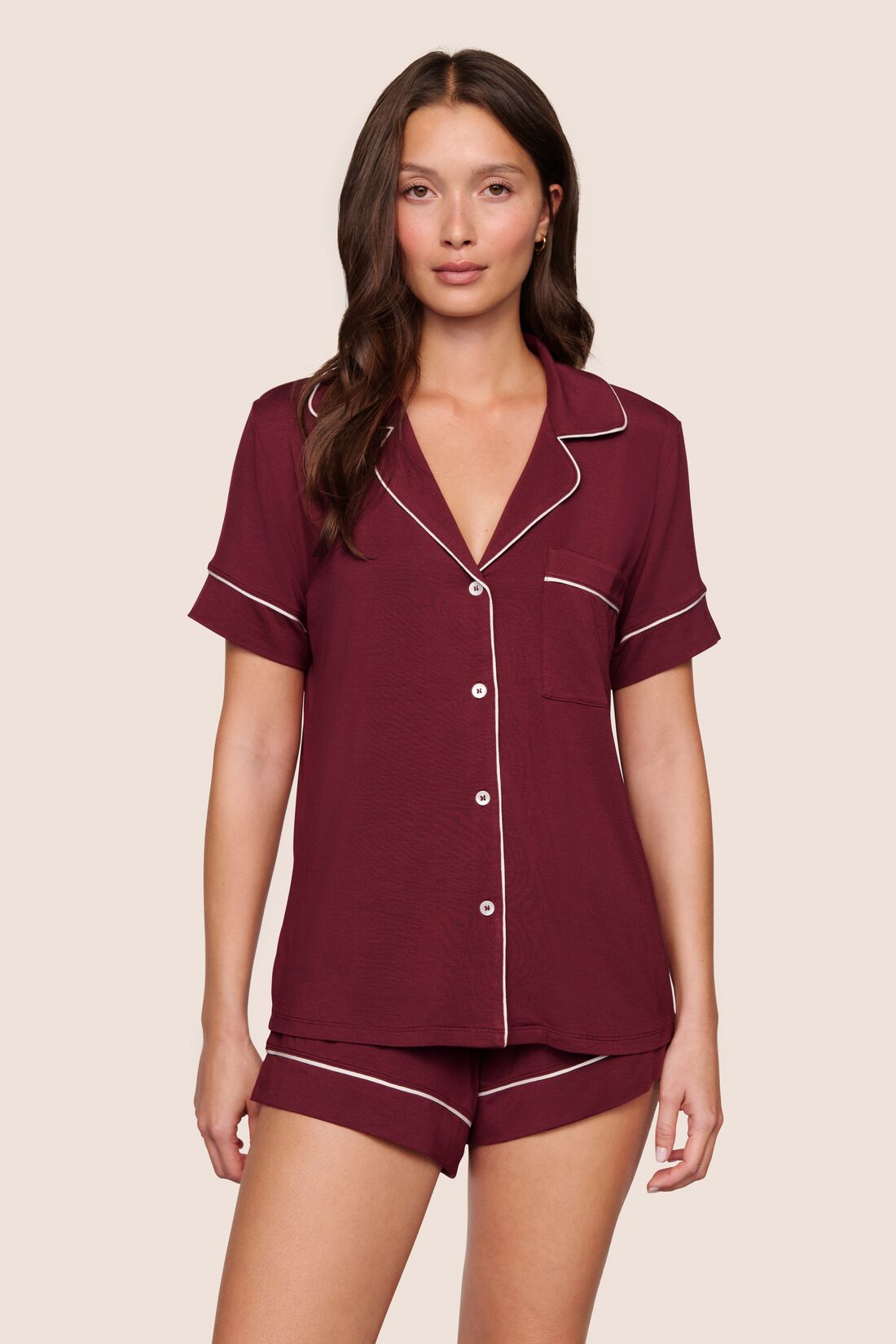 Model is wearing Gisele TENCEL Modal Relaxed Short PJ Set  in Bordeaux/Ivory