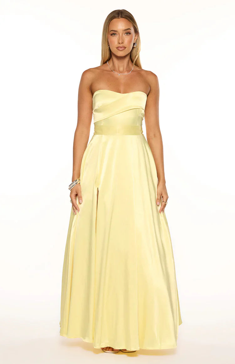 Lucy Strapless Satin Formal Maxi Dress | Yellow