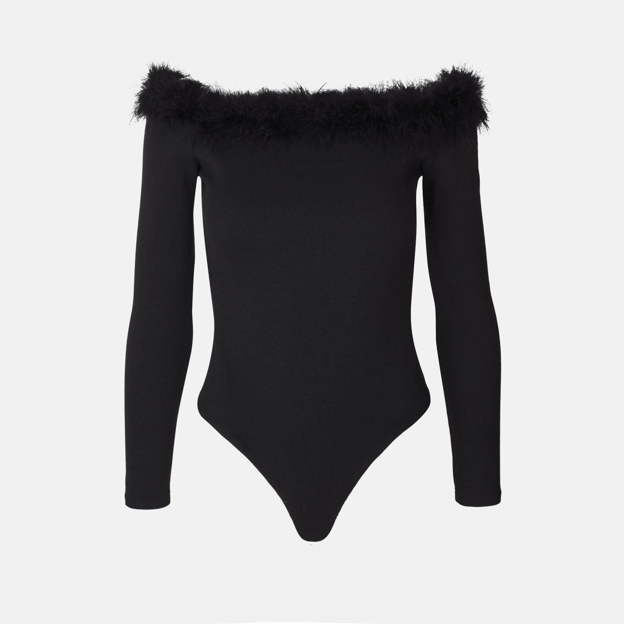 OW Collection Miranda Feather Bodysuit | Black Caviar