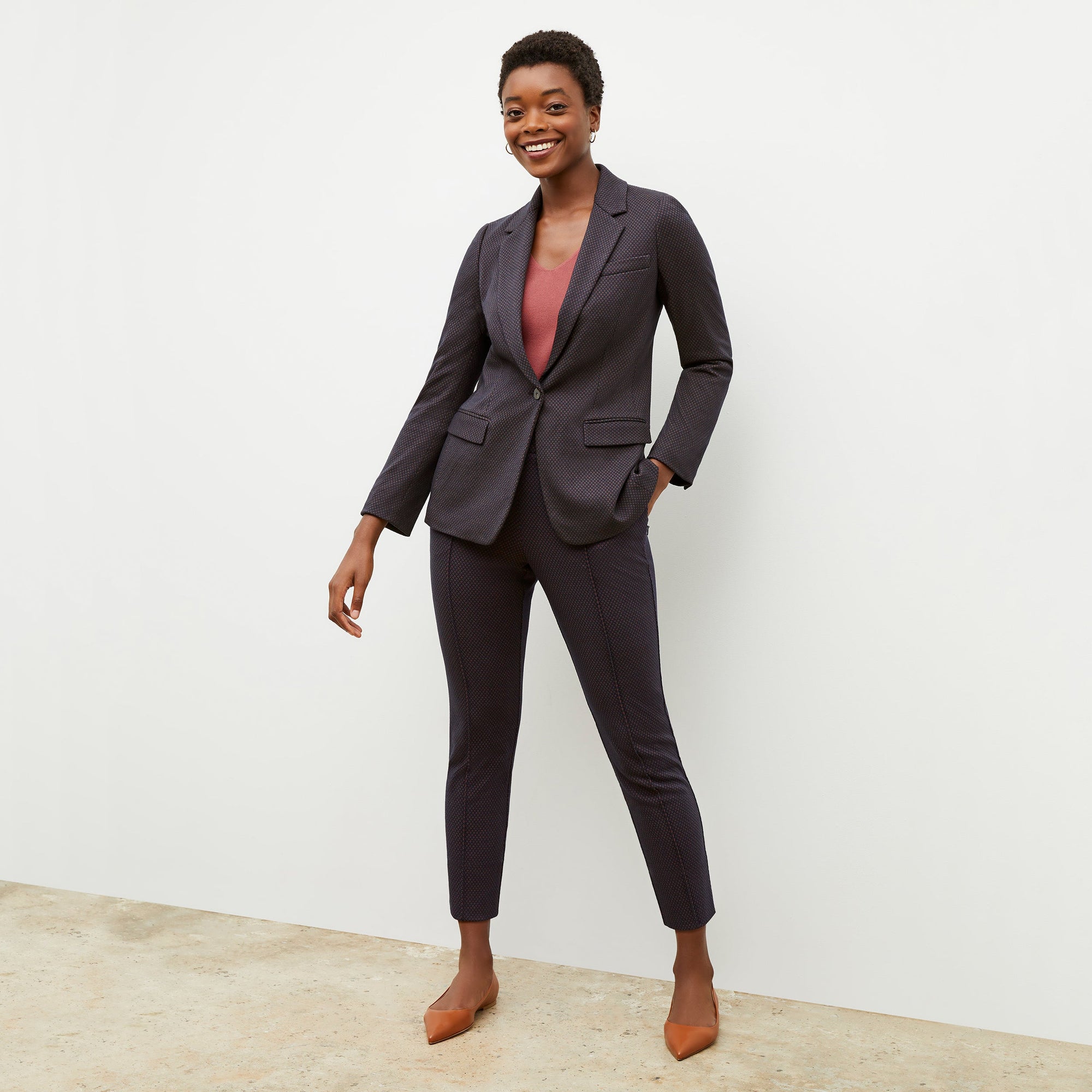 Front image of a woman wearing the yiyan blazer in navy multi | Exclude
