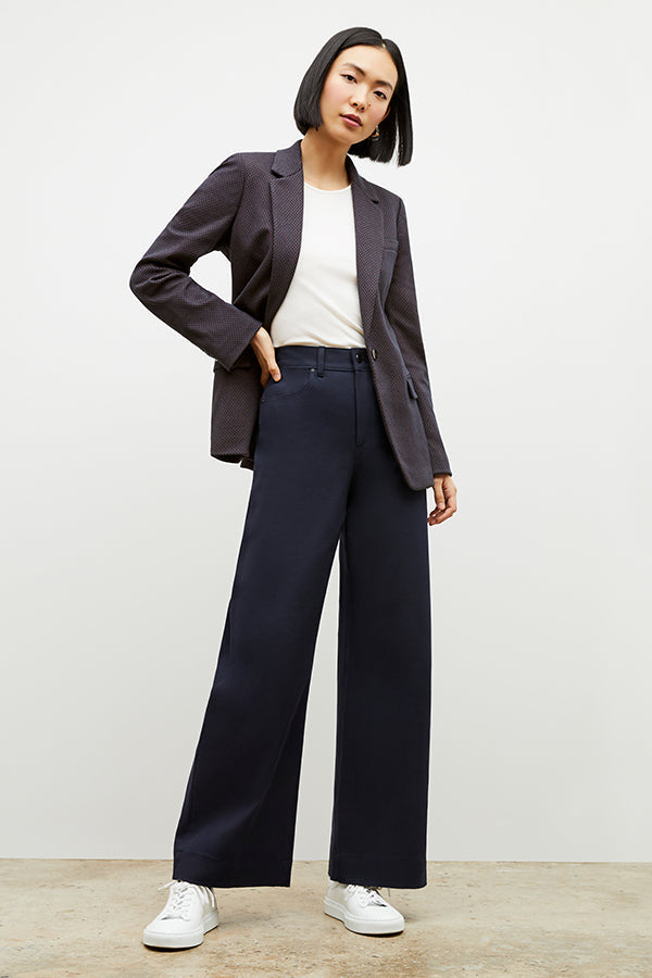 Front image of a woman wearing the yiyan blazer in navy multi | Exclude | Grid