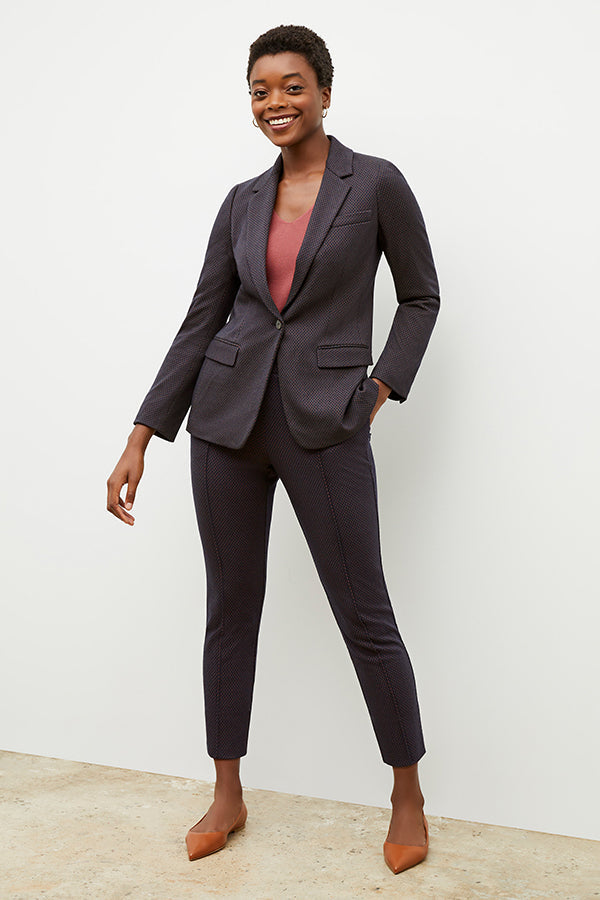 Front image of a woman wearing the yiyan blazer in navy multi | Exclude