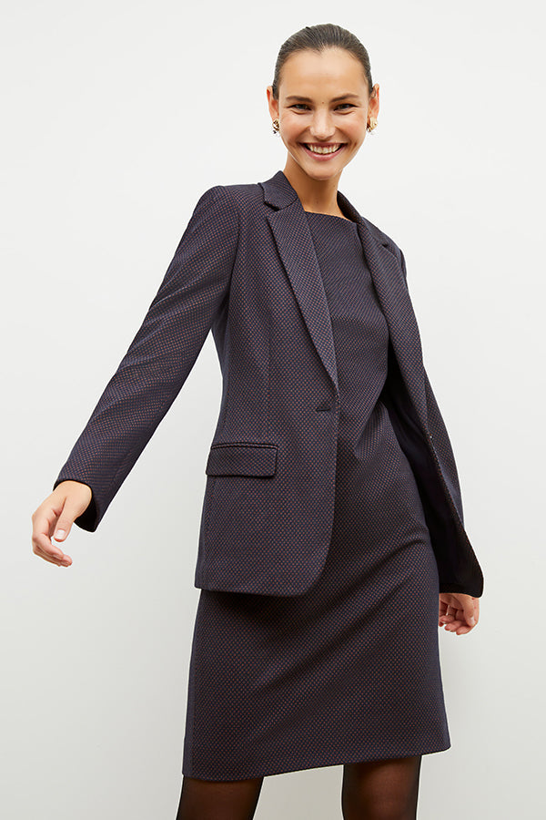 Front image of a woman wearing the yiyan blazer in navy multi | Exclude | Grid Hover