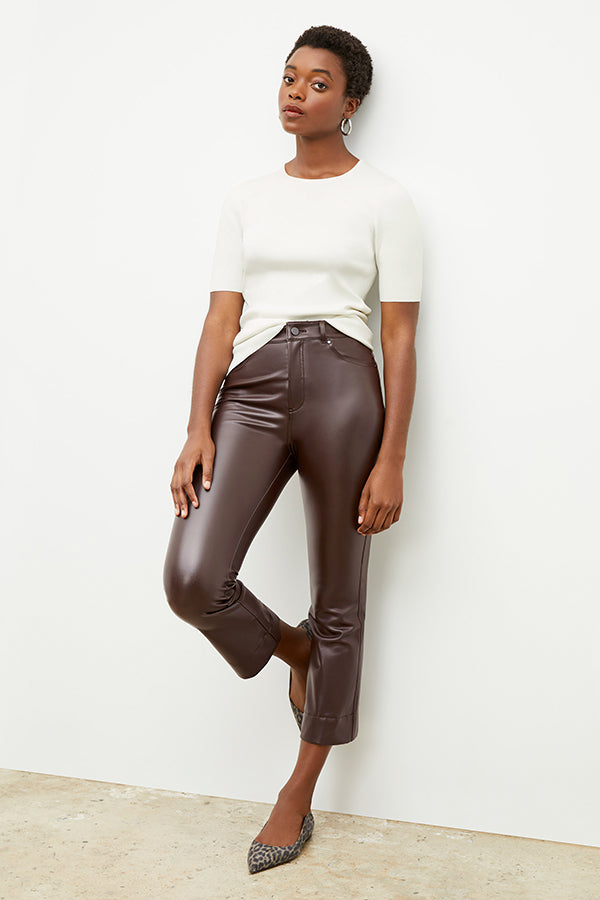 Front image of a woman wearing the archie pant in brown | Exclude