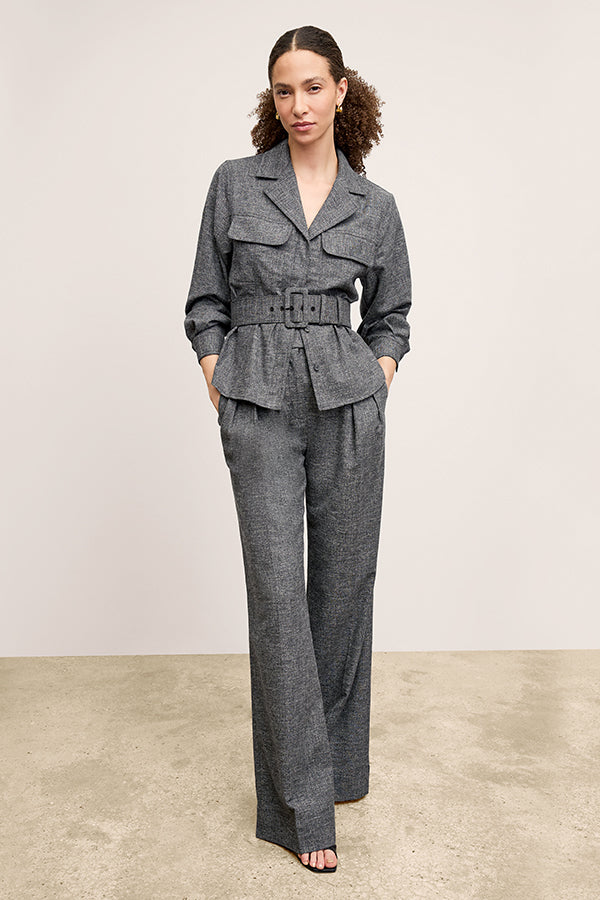 front image of a woman wearing the natalia jacket in black/white | Exclude | Grid