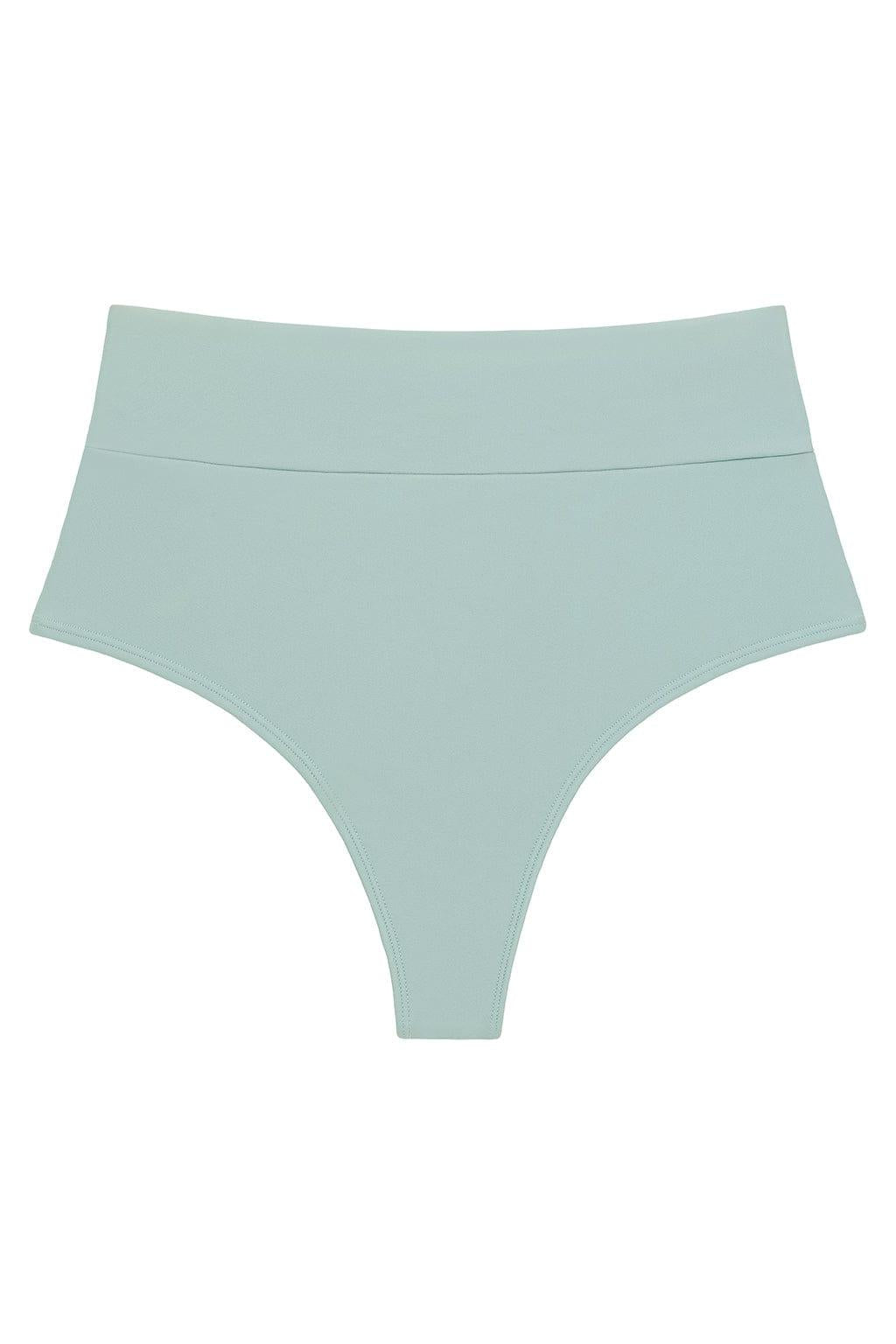 Powder blue high-rise bikini bottom with full coverage and wide waistband.