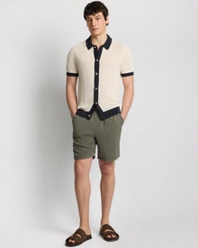 Mens | Tuck-Stitched Linen Short Sleeve Button Up Sweater | Midnight/Egret