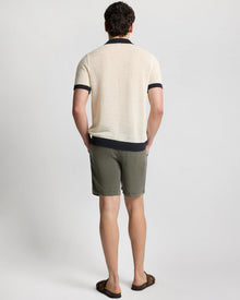 Mens | Tuck-Stitched Linen Short Sleeve Button Up Sweater | Midnight/Egret