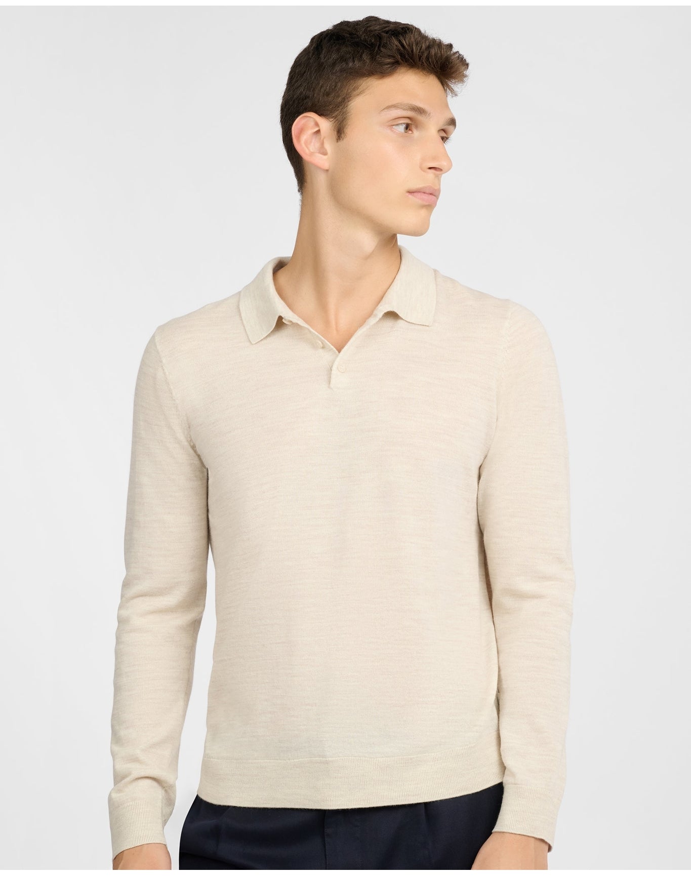 Men | Extra Fine Merino Wool Long Sleeve Polo | Stone Melange