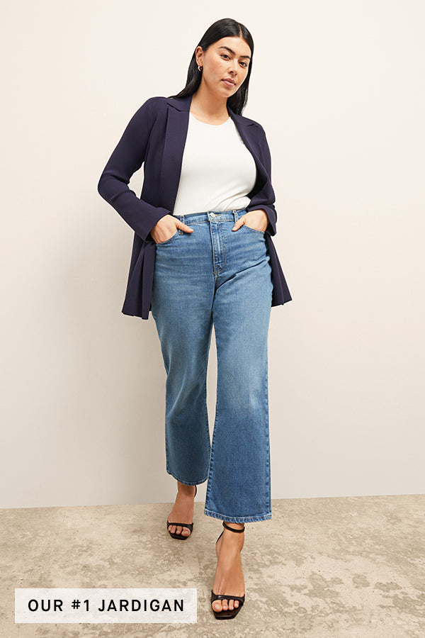 Front image of a woman wearing the Merritt Jardigan in Navy | Exclude | Grid