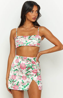 Miranda Floral Satin Mini Skirt | White
