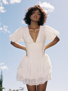 Caitlyn Bubble Sleeve Corset Layered Mini Dress | White
