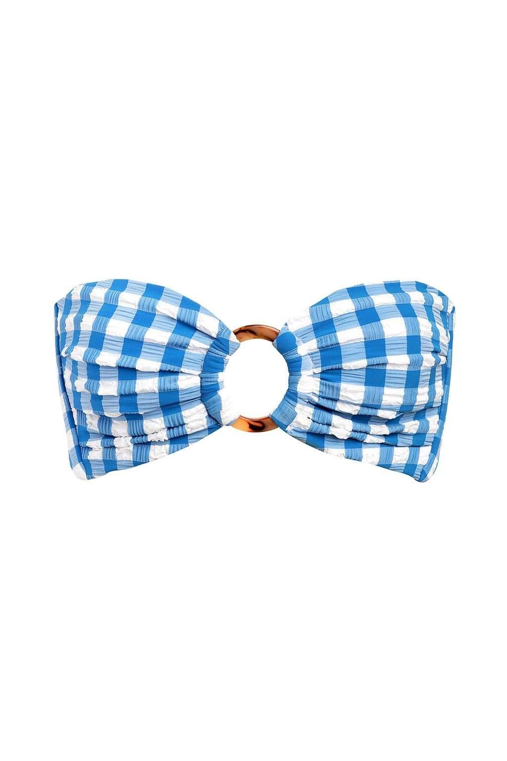 Blue and white gingham bandeau bikini top with tortoiseshell ring detail at center front.