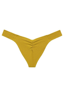 Key lime textured bikini bottom with scrunched sides and high-cut legs displayed flat.