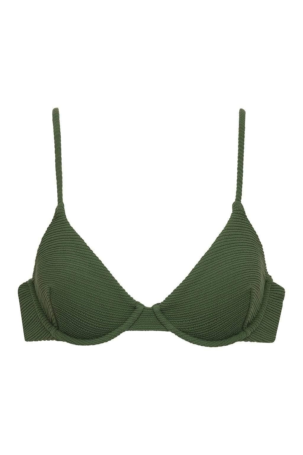 Olive green textured bikini top with thin shoulder straps and gathered ruching on the cups.