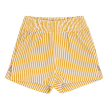 Yellow and white vertical striped swim trunk with elastic waistband and side pockets.