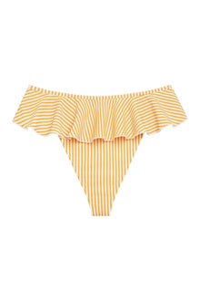 Yellow and white striped bikini bottom with ruffled waistband detail.