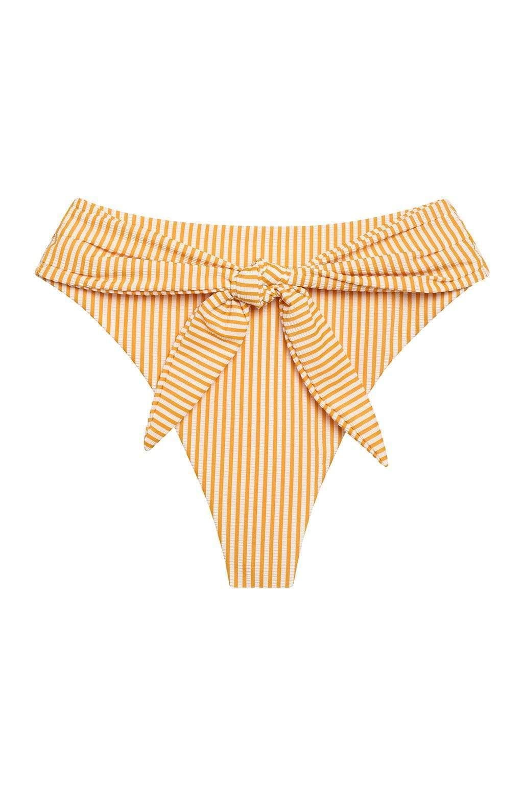 Yellow and white striped bikini bottom with tie-up detail at center waist.