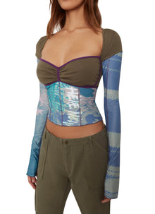 Womens | Multi Layered Bustier Print Long Sleeve Top | Olive