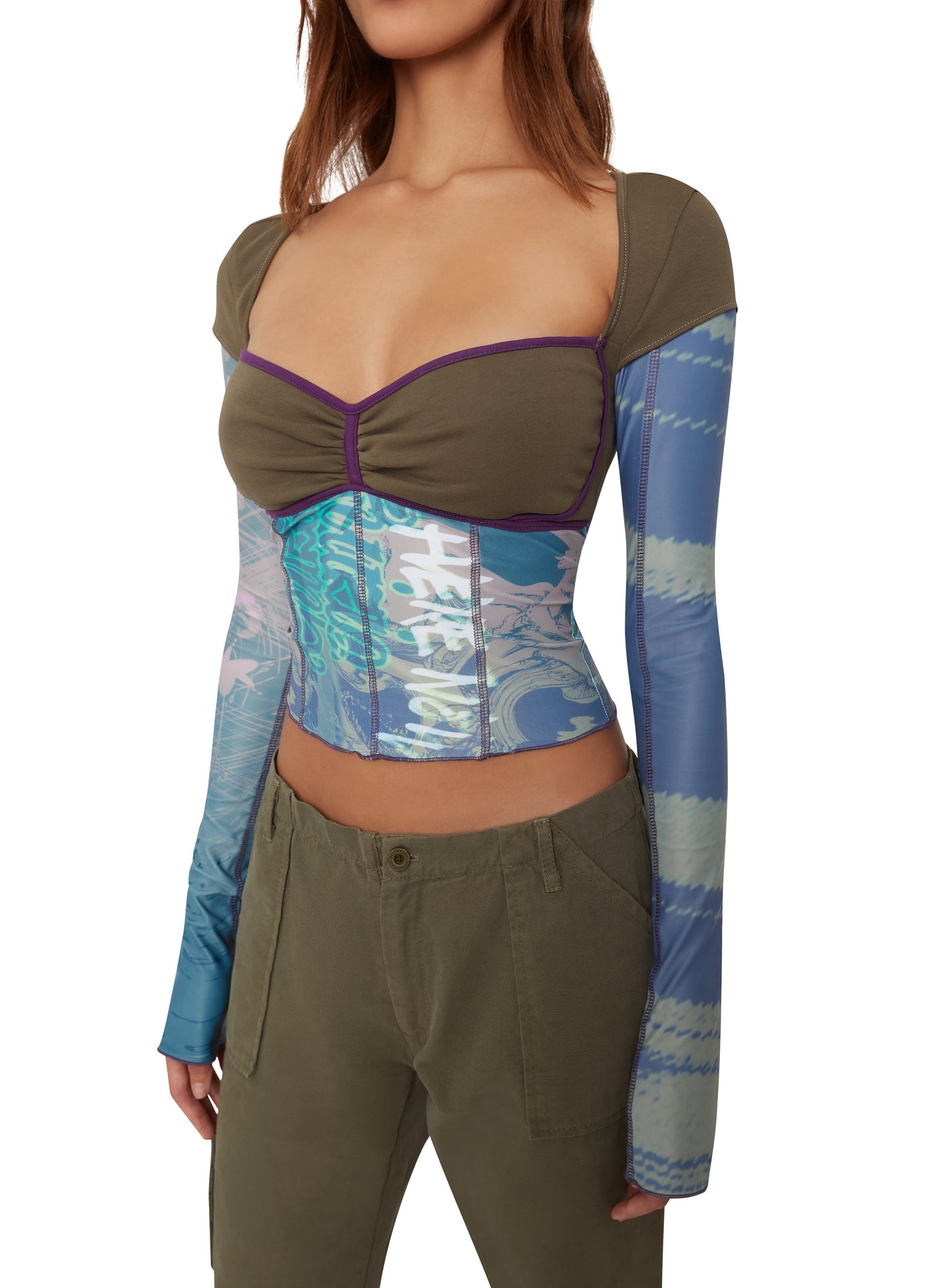 Womens | Multi Layered Bustier Print Long Sleeve Top | Olive