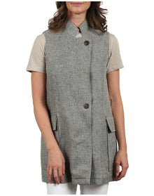 Mycra Pac | Women | Linen Vest Featuring A Convertible Stand Collar And Optional Self Belt | Fleck