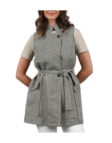 Mycra Pac | Women | Linen Vest Featuring A Convertible Stand Collar And Optional Self Belt | Fleck