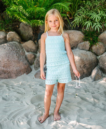 Kids Ice Blue Milo Set — soft crochet knit halter top and shorts in sky-blue, perfect for sunny days and seaside adventures.