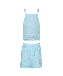 Kids Ice Blue Milo Set — soft crochet knit halter top and shorts in sky-blue, perfect for sunny days and seaside adventures.