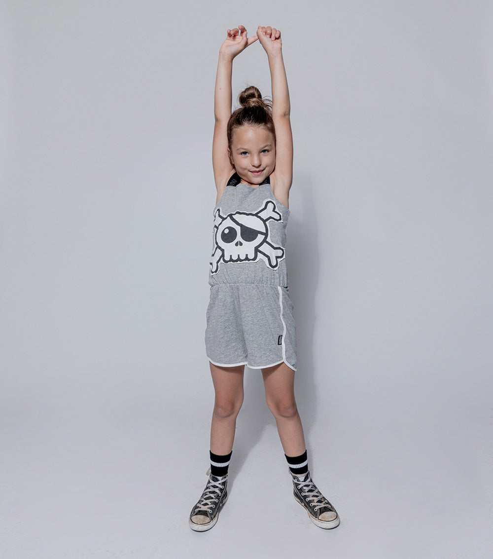 Kid | Skull Patch Tank Overall | Heather Grey