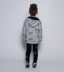 Kid | Scribbled Skulls Zip Hoodie | Heather Grey
